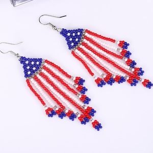 Handmade Beaded Colorful Fringe Earrings in Patriotic American Flag